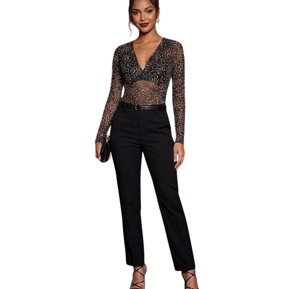 Topshop‎ Womens Animal Print Mesh Long Sleeve V-Neck Bodysuit Size M US 8-10